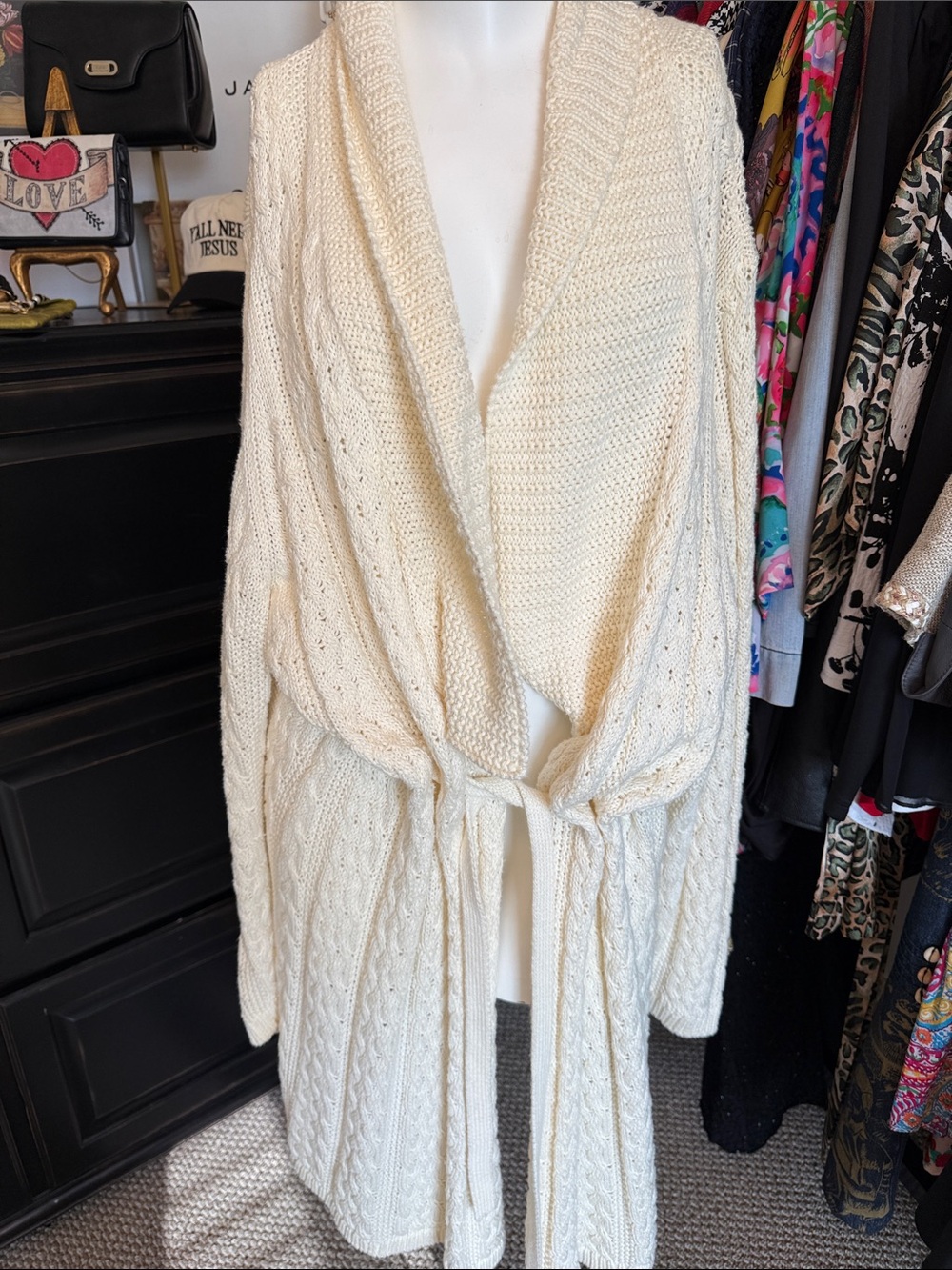 Dialogue Cream Cable-Knit Shawl Collar Belted Cardigan
